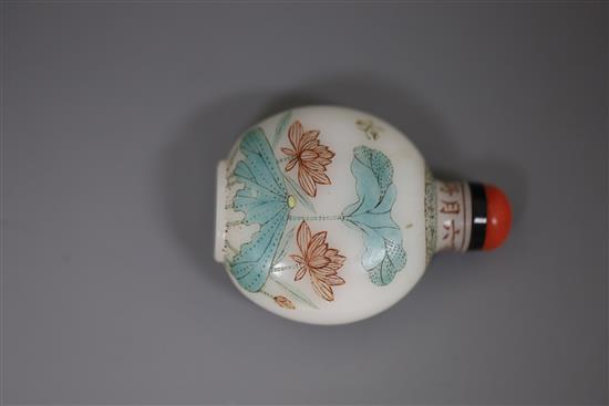 A Chinese enamelled Guyue Xuan glass lotus snuff bottle, possibly Palace workshops and Qianlong period, H. 5.3cm excluding stopper